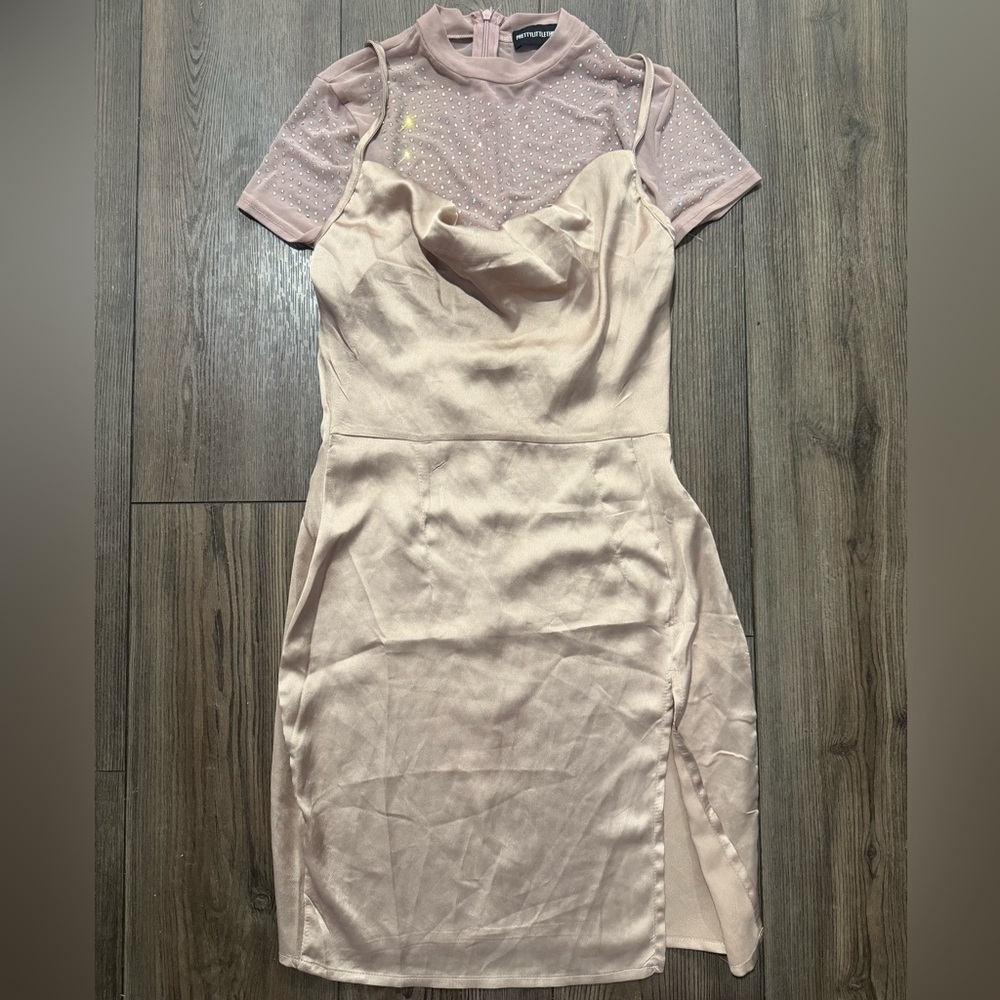 PrettyLittleThing Satin Cowl Mini Dress w/ Sparkle Mesh Top – US 2 Blush Pink